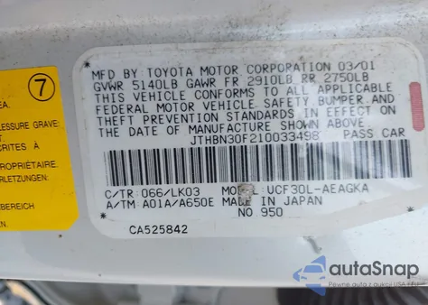 2001 Lexus Ls 430 430 z USA, uszkodzony, nr VIN JTHBN30F210033498